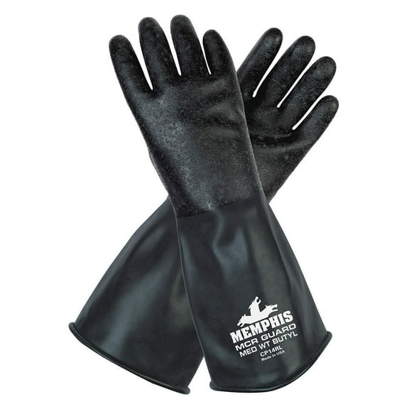 MCR Safety CP14RM 14" Long Butyl Rubber Gloves with 14 mil Rough Finish and Gauntlet Rolled Cuff (1 Pair), Medium, Black CA2