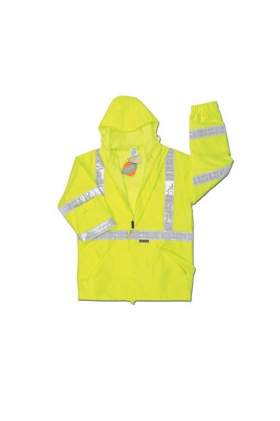 MCR Safety Fluorescent Lime Luminator Polyester And Polyurethane Jacket With Attached Hood And Hi Viz Stripes