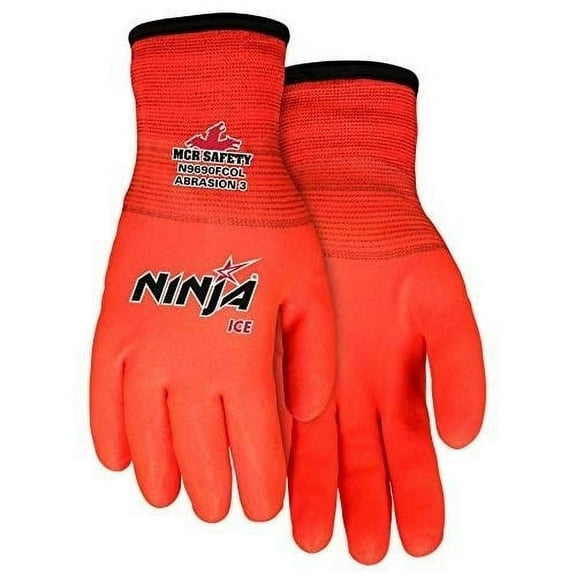 MCR Safety Ninja Ice N9690FCO Hi-Visibility Work Gloves 15 Gauge Orange Nylon HPT Fully Coated BLACK