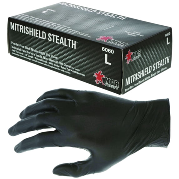 MCR Safety NitriShield Disposable Nitrile Gloves, Powder-Free, Industrial Food Service Grade, 3 Mil, Black - MD