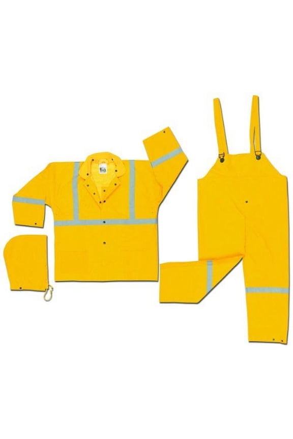 MCR Safety Three-Piece Rain Suit, Jacket/Hood/Overalls, 0.35 mm PVC/Poly, Yellow, X-Large - 1 EA (611-2403RXL)
