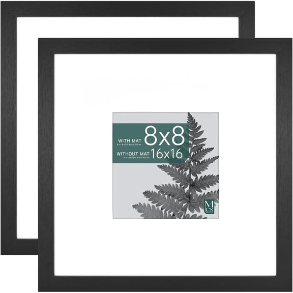MCS Studio Gallery 16x16 Matted Photo Frame with 8x8 Picture Display, Black Woodgrain Engineered Wood Vertical & Horizontal Wall Hanging Large Picture Frame for Photos & Art Prints (2-Pack)