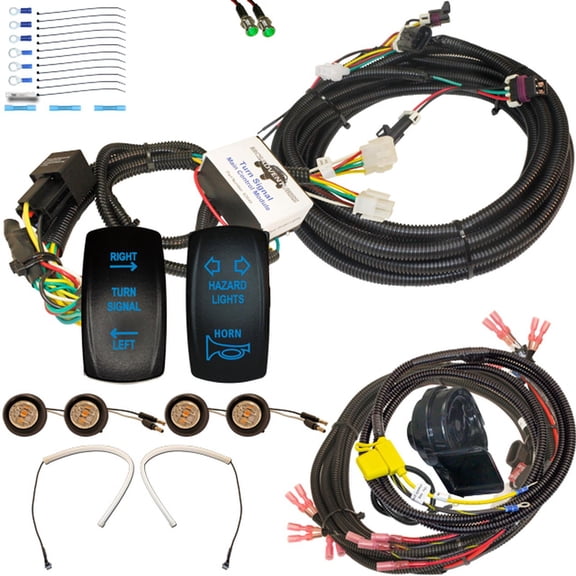 MCSADVENTURES plug and play turn signal kit for 13+ Ranger 500/570/900: Rocker switch (blue), horn / hazard, front: crush tube and 3/4 LEDs
