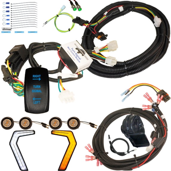 MCSADVENTURES plug and play turn signal kit for Polaris General: Rocker switch (blue), fang lights (white lens) and 3/4 lights (clear lens)