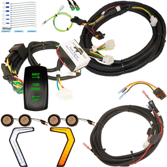 MCSADVENTURES plug and play turn signal kit for Polaris General: Rocker switch (green), fang lights (clear lens) and 3/4 lights (clear lens)