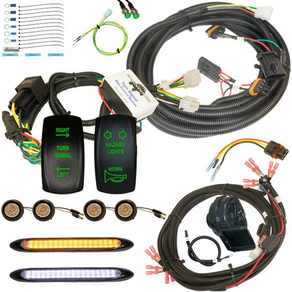 MCSADVENTURES plug and play turn signal kit for 2024 RZR XP 1000: Rocker switch (green), horn / hazard, stick-on lights (clear lens) and 3/4 lights (clear lens)
