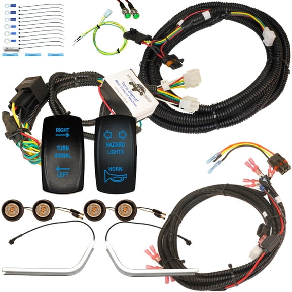 MCSADVENTURES plug and play turn signal kit for Polaris General: Rocker switch (blue), horn / hazard, teardrop lights (white lens) and 3/4 lights (clear lens)