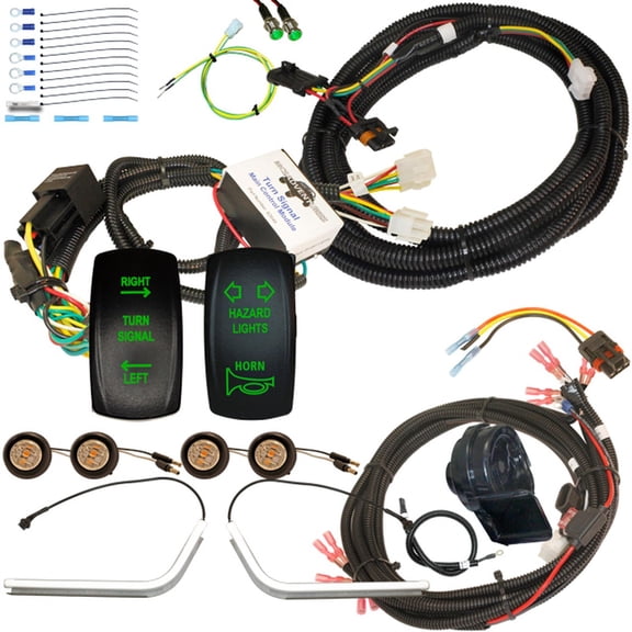 MCSADVENTURES plug and play turn signal kit for Polaris General: Rocker switch (green), horn / hazard, teardrop lights (white lens) and 3/4 lights (clear lens)