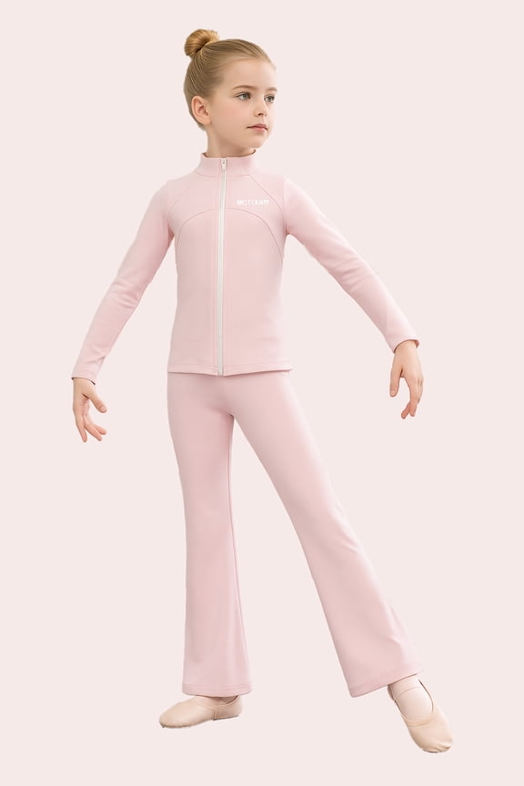Girls Dance Practice Set  Ice Silk Ballet Outfit with Zip Jacket and Flared Pants, Moisture-Wicking, Breathable, UPF 50+ Gymnastics & Dancewear for Kids