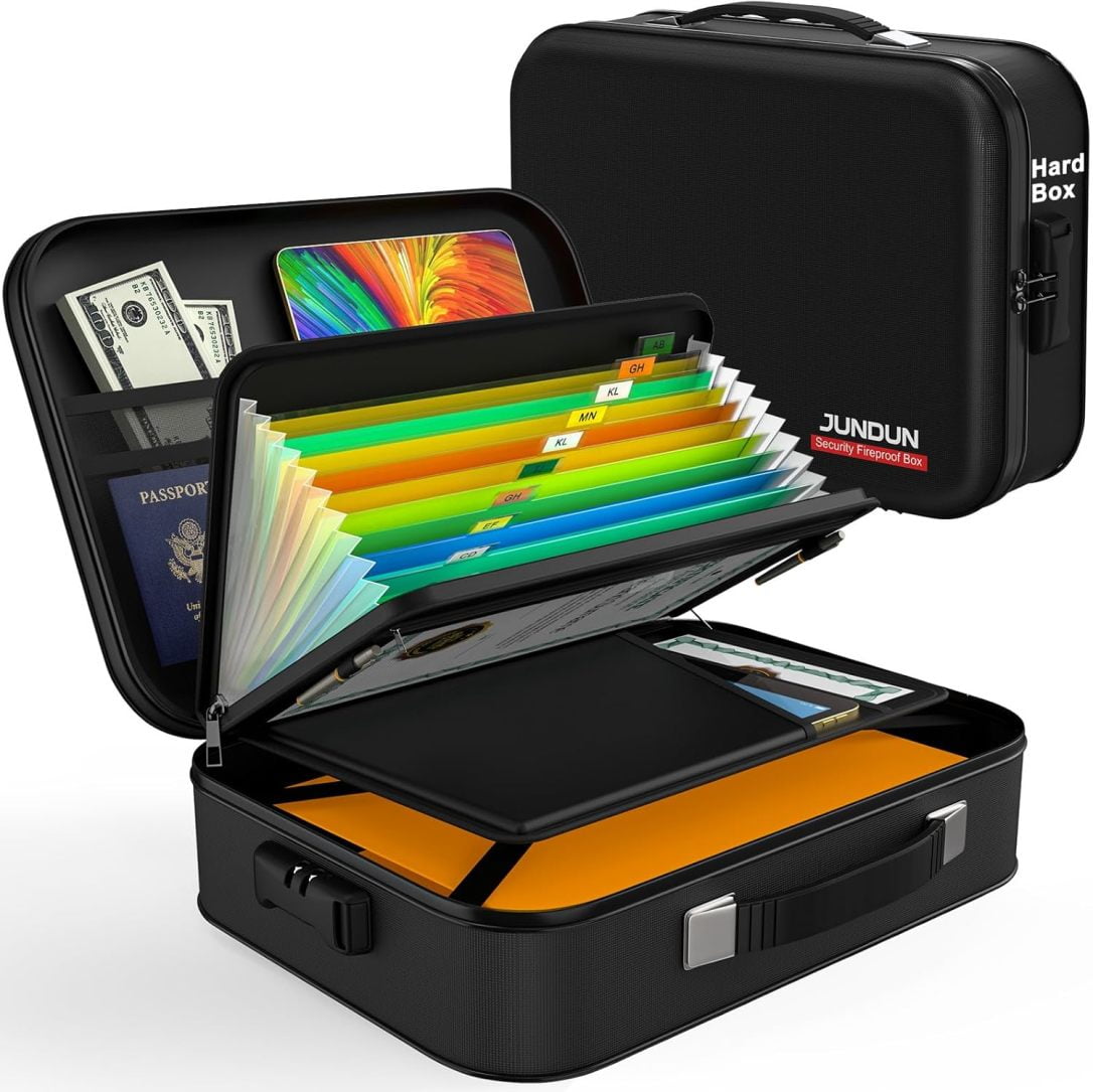 MCTZ Fireproof Document Box,Hard Case Fireproof Document Organizer with LockHome Travel Portable Fireproof Safe Storage Box Case for Letter Size Documents,Files,Papers and Passport,Black