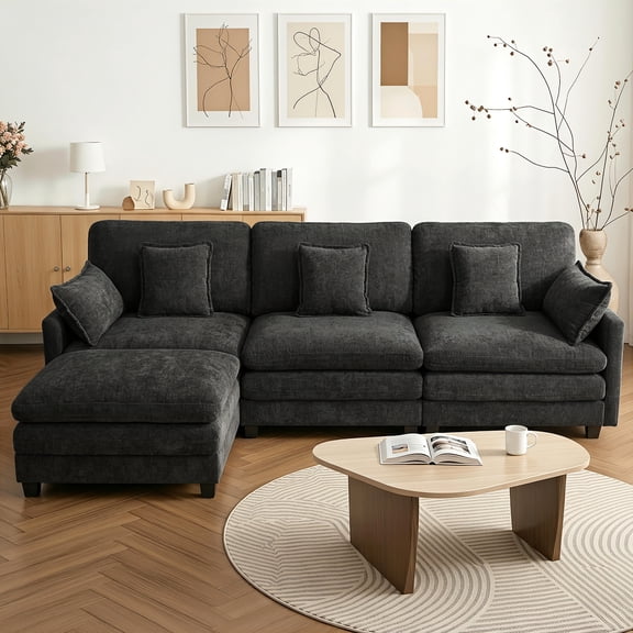 MCombo 111.8'' Modular Sectional Sofa Couch with Chaise Ottoman for Living Room, L Shaped Sofa, FSC Certified, Black