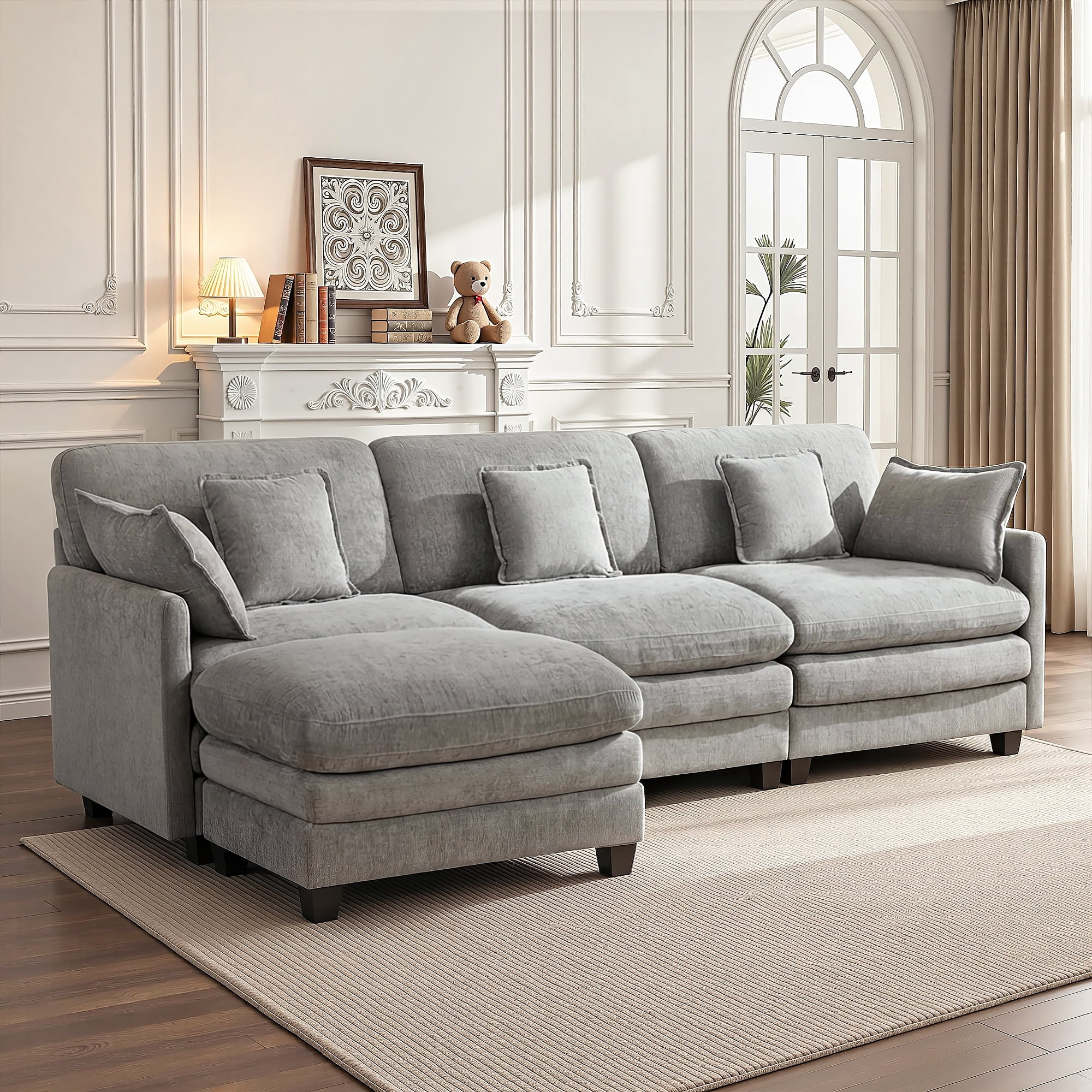 MCombo 111.8'' Modular Sectional Sofa Couch with Chaise Ottoman for Living Room, L Shaped Sofa, FSC Certified, Grey
