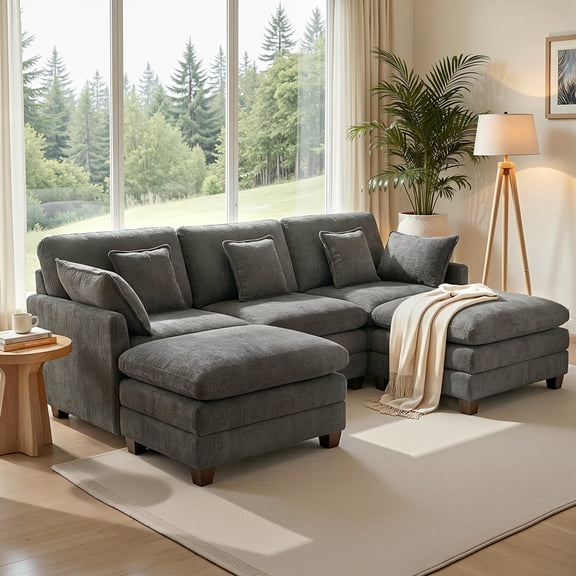 MCombo 111.8'' Modular Sectional Sofa Couch with Reversible Ottomans for Living Room, FSC Certified, Dark Grey