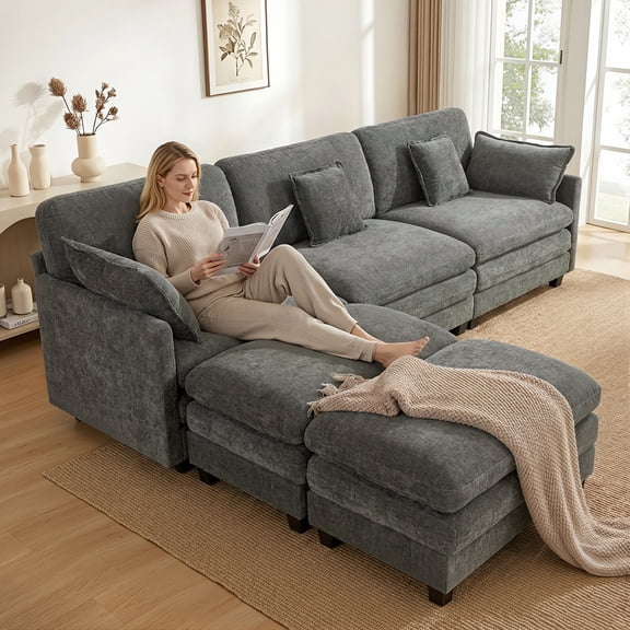 MCombo 111.8'' U-Shaped Modular Sectional Sofa Couch with Chaise Ottomans for Living Room, FSC Certified, Dark Grey