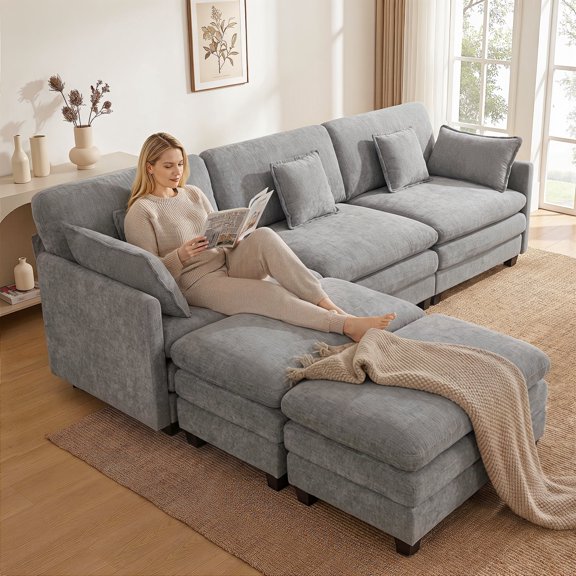 MCombo 111.8'' Modular Sectional Sofa Couch with Reversible Ottomans for Living Room, FSC Certified, Grey