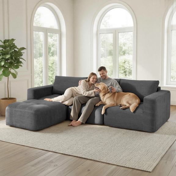 MCombo 121"L Shaped Boneless Couch Modular Sectional Sofa with Ottoman, No Assembly Required, Dark Grey