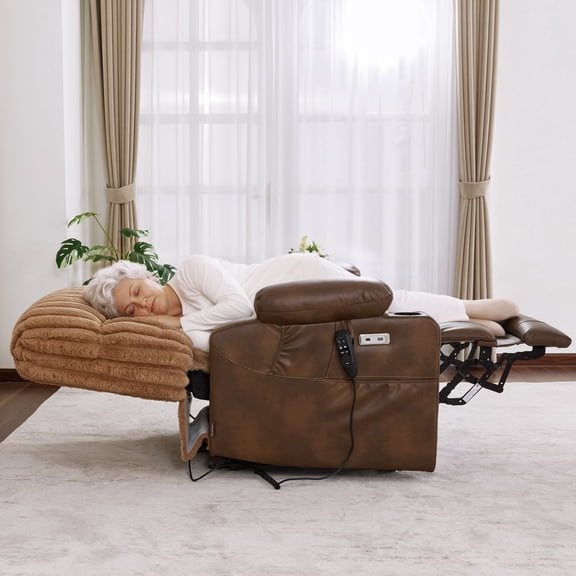 MCombo 180° Lay Flat Power Lift Recliner Chair for Elderly, Sleep Recliner with Full Body Heating, Brown