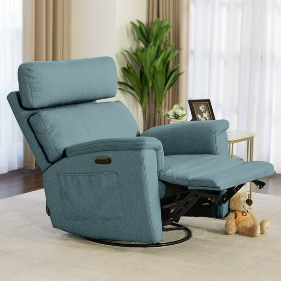 MCombo 23.3'' Wide Seat Power Swivel Glider Recliner Chair with Adjustable Headrest, Nightlight for Nursery Living Room Bedroom, Fabric (Pacific Blue)