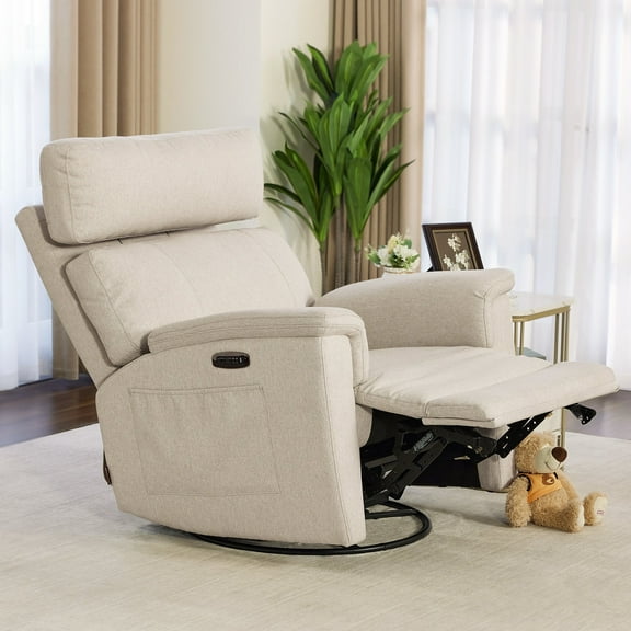 MCombo 23.3'' Wide Seat Power Swivel Glider Recliner Chair with Adjustable Headrest, Nightlight for Nursery Living Room Bedroom, Fabric (Beige)