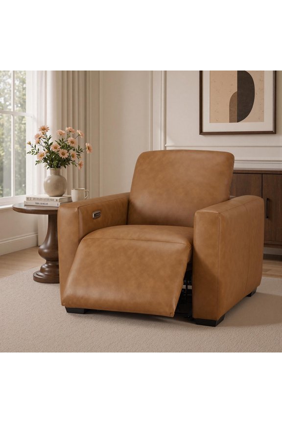 25.6'' Wide Wall Hugger Power Recliner Chair with Power Headrest, Faux Leather, Cognac Tan