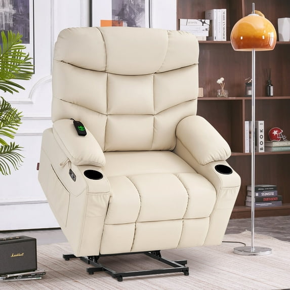 MCombo 27.2'' Extra-Wide Seat Oversized Power Lift Recliner Chair for Elderly, Faux Leather(Cream White)