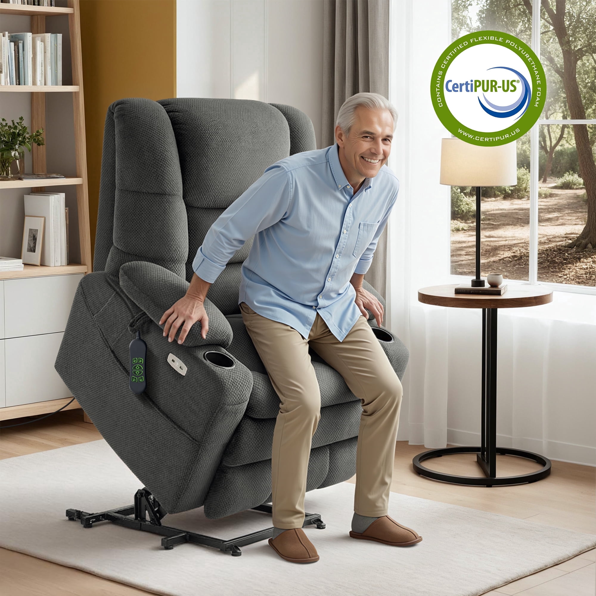 MCombo 27.2'' Extra Wide Triple Motor Power Lift Recliner for Elderly, Sleep Recliner Sofa with Adjustable Headrest, Fabric, Grey