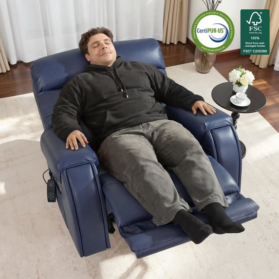 MCombo 27‘’ Extra Wide Oversized Power Recliner Chair for Big Tall Adults, Faux Leather, Navy Blue