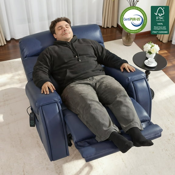 MCombo 27‘’ Extra Wide Oversized Power Recliner Chair for Big Tall Adults, Faux Leather, Navy Blue