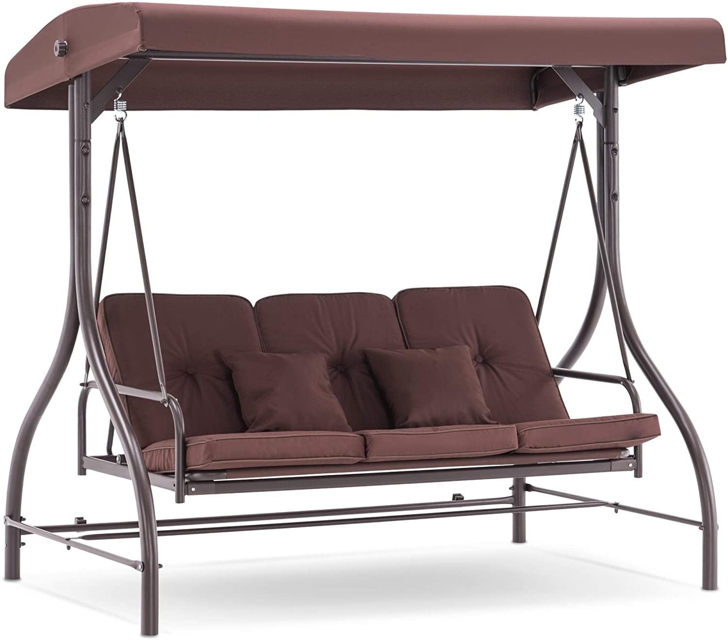 MCombo 3-Seat Outdoor Patio Swing Chair Cushioned with Adjustable Backrest and Canopy, Pillow, Brown