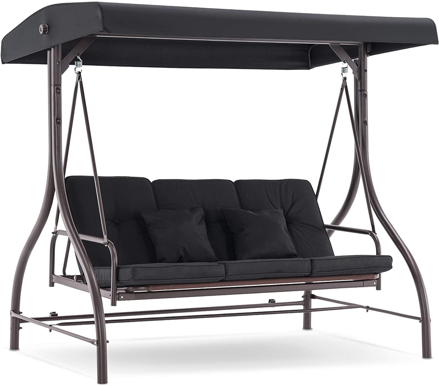 Black 3-Seat Outdoor Patio Swing Chair with Adjustable Backrest