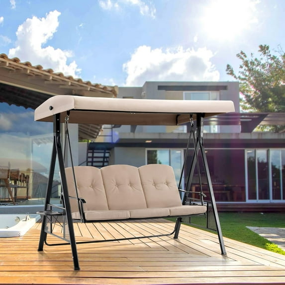 MCombo 3 Seat Outdoor Patio Swings with Adjustable Canopy, Retractable Trays, Cushions for Backyard, Poolside, Balcony 4092(Beige)