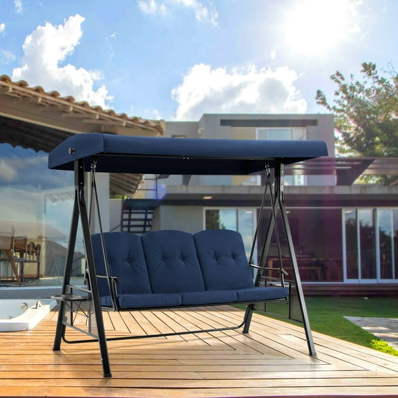 MCombo 3 Seat Outdoor Patio Swings with Adjustable Canopy, Retractable Trays, Cushions for Backyard, Poolside, Balcony 4092(Navy Blue)