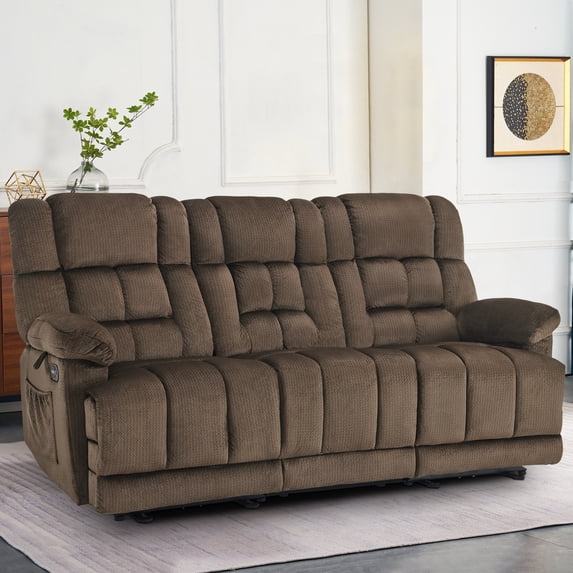 MCombo 3 Seat Power Reclining Sofa with Drop Down Table for Living Room, Heat, Vibration, USB Ports, Dark Brown