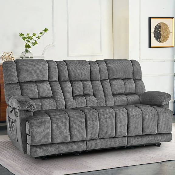 MCombo 3 Seat Power Reclining Sofa with Drop Down Table for Living Room, Heat, Vibration, USB Ports, Gray
