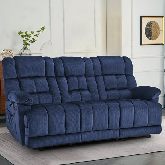 MCombo 3 Seat Power Reclining Sofa with Drop Down Table for Living Room, Heat, Vibration, USB Ports, Navy Blue