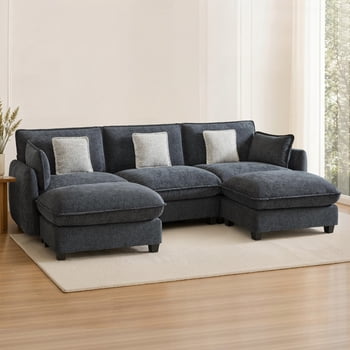 MCombo 3-Seater U Shaped Modular Sectional Sofa Couch with Chaise Ottomans for Living Room, FSC Certified, Black