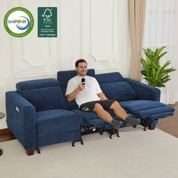 MCombo 3 Seater Wall Hugger Power Reclining Sofa Couch for Living Room, Fabric, Navy Blue