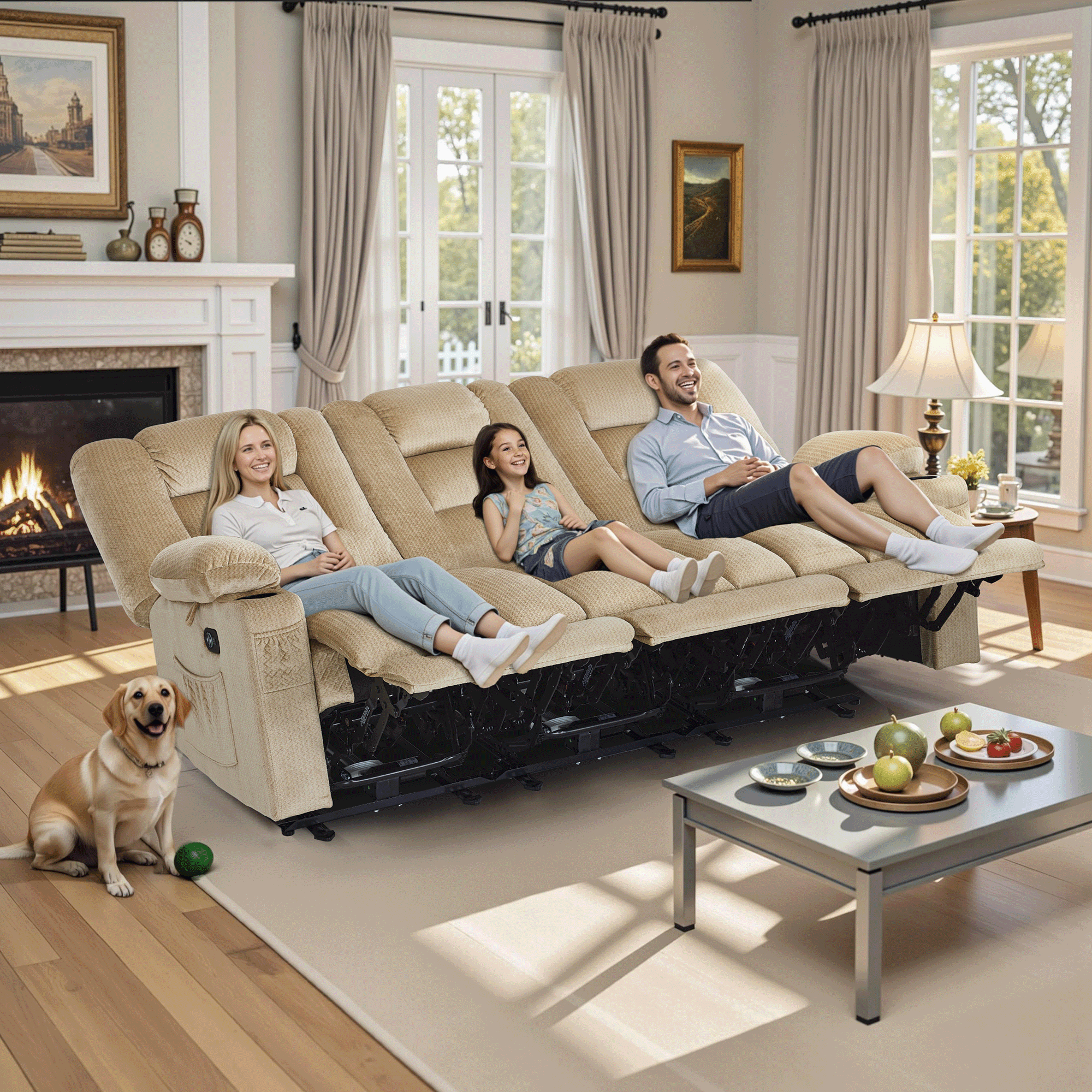MCombo 3 Seater Zero Gravity Power Reclining Sofa for Living Room, Fabric, Beige