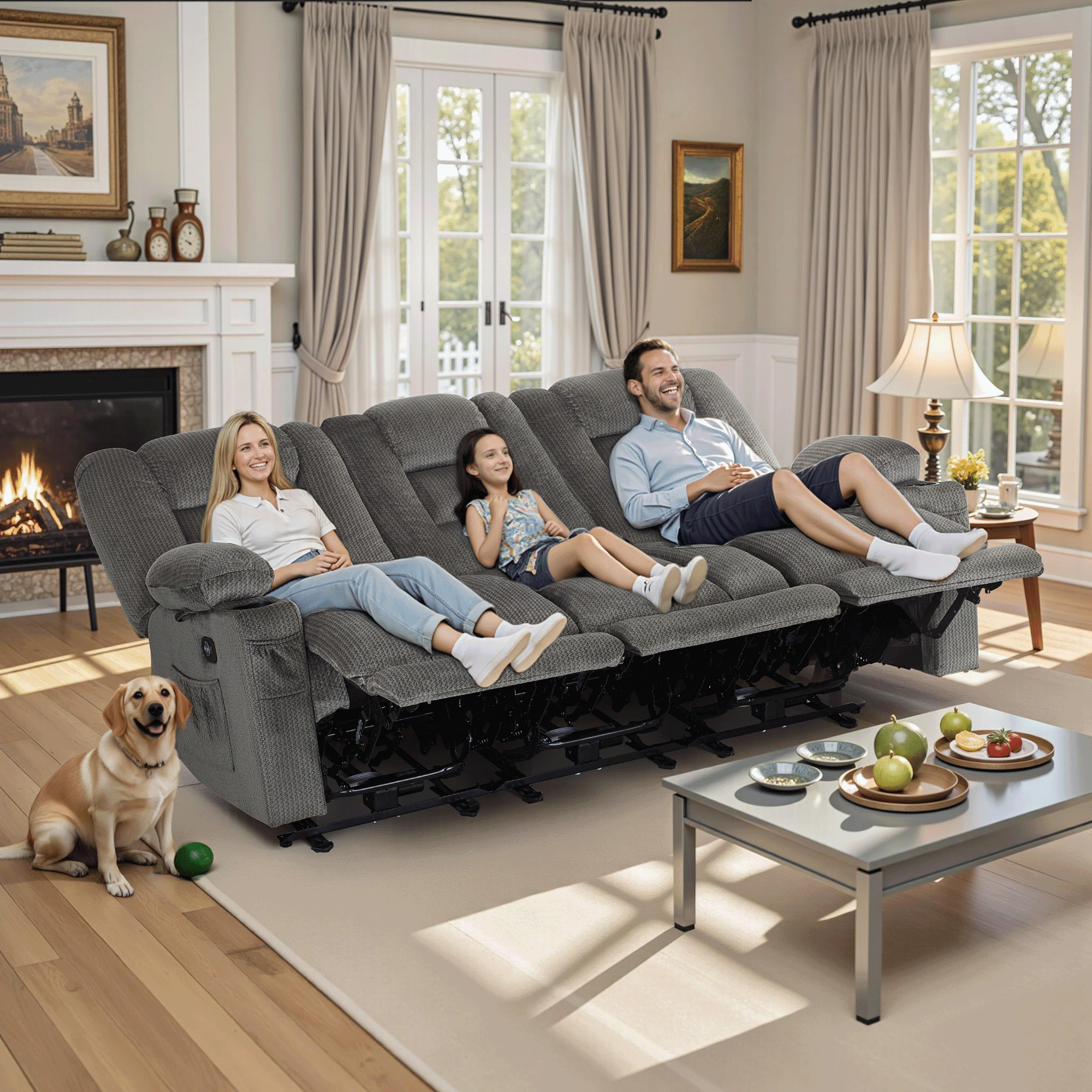 MCombo 3 Seater Zero Gravity Power Reclining Sofa for Living Room, Fabric, Grey