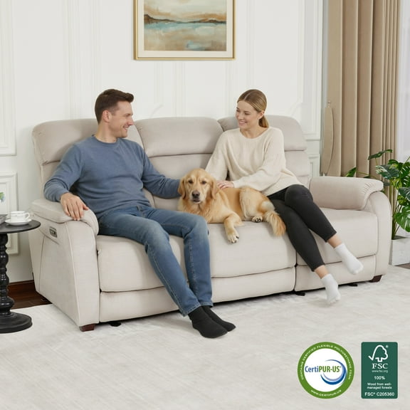 MCombo 3 Seater Zero Wall Hugger Power Recliner Sofa with Drop Down Table for Living Room, RVs, Fabric, Beige