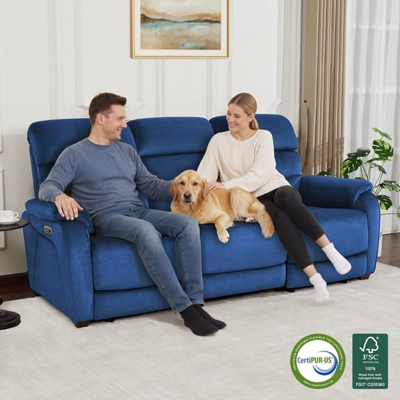 MCombo 3 Seater Zero Wall Hugger Power Recliner Sofa with Drop Down Table for Living Room, RVs, Fabric, Navy Blue