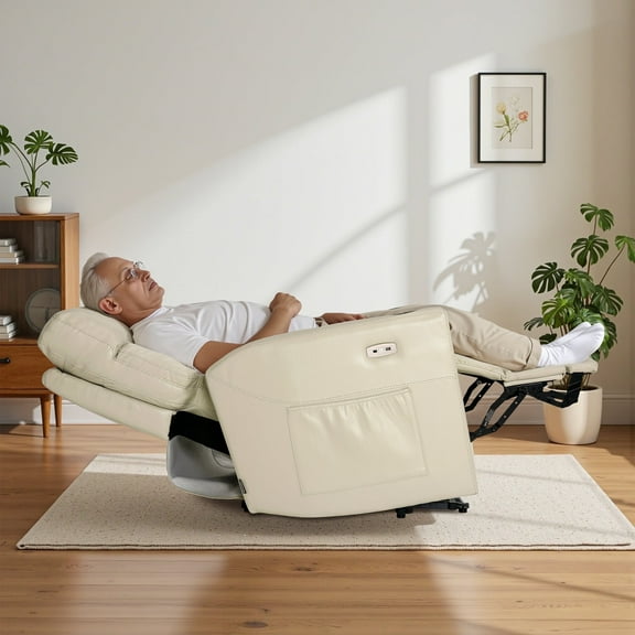 MCombo 380lbs Oversized Dual Motors Lay Flat Power Lift Recliner Chair with 27'' Extra-Wide Seat for Heights 5'7''-6'6" Big and Tall People, Faux Leather(Cream White)
