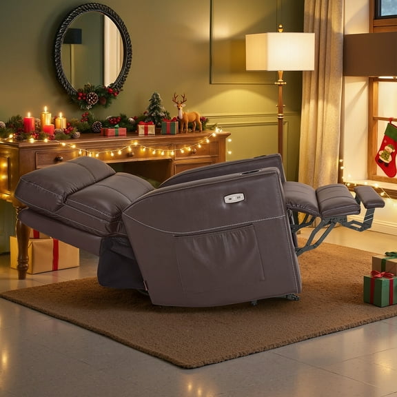 MCombo 380lbs Oversized Dual Motors Lay Flat Power Lift Recliner Chair with 27'' Extra-Wide Seat for Heights 5'7''-6'6" Big and Tall People, Faux Leather(Dark Brown)