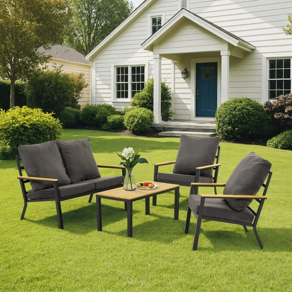 MCombo 4-Piece Patio Furniture Set with Coffee Table, Thickened Cushions and Iron Frame, Outdoor Conversation Set for Backyard, Porch, Garden, Balcony, Gray