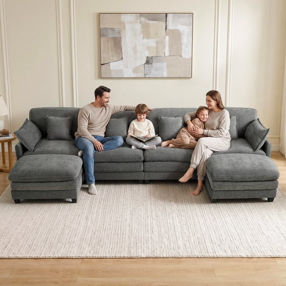 MCombo 4 Seater Modular Sectional Sofa Couch with Double Chaise Ottoman for Living Room, U Shaped Sofa, FSC Certified, Dark Grey