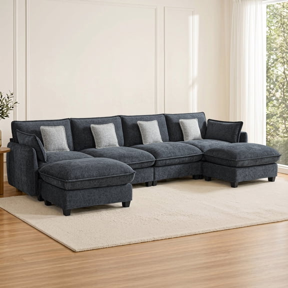 MCombo 4-Seater U Shaped Modular Sectional Sofa Couch with Chaise Ottomans for Living Room, FSC Certified, Black