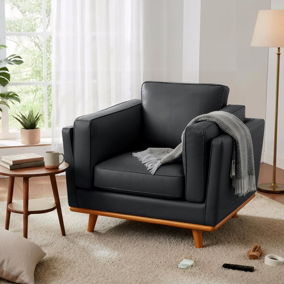 MCombo 41.9'' Wide Genuine Leather Accent Chair for Living Room, Office, Black
