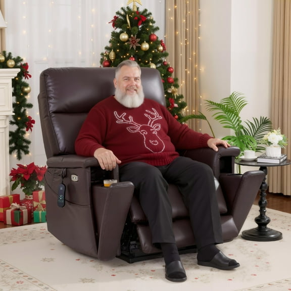 MCombo 500LB Oversized Dual Motor Power Lift Recliner Chair for Big Tall Elderly, Hidden Cup Holders, Faux Leather, Dark Brown