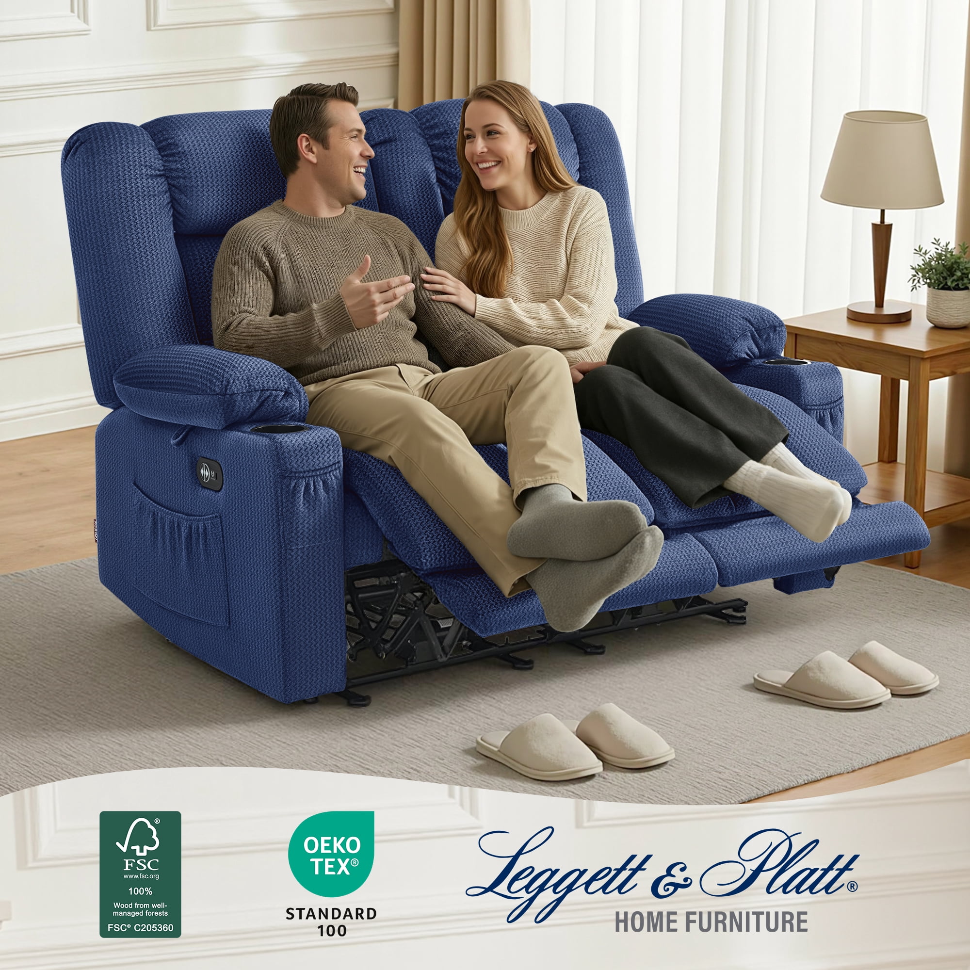 MCombo 55.9" Power Loveseat Recliner Sofa with Heat and Massage for Living Room, Fabric(Navy Blue)