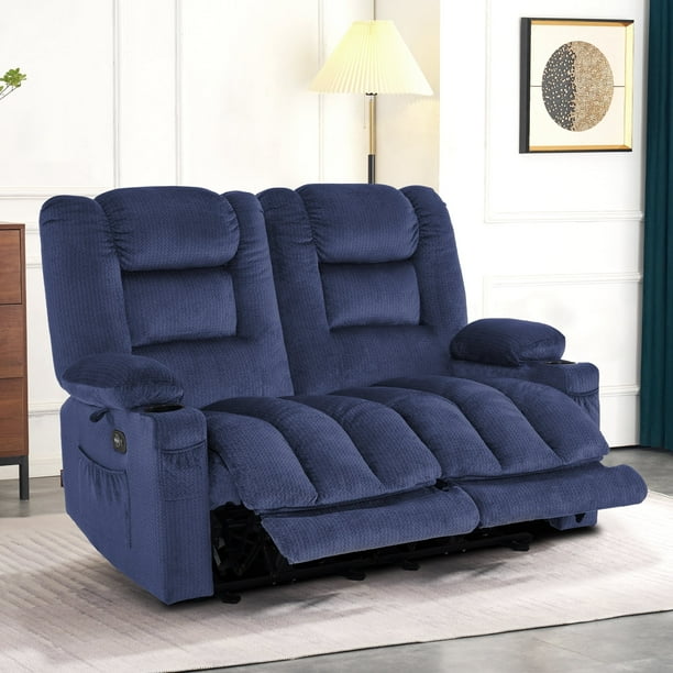 55.9 Power Loveseat Recliner Sofa with Heat and Massage for Living Room Fabric Navy Blue